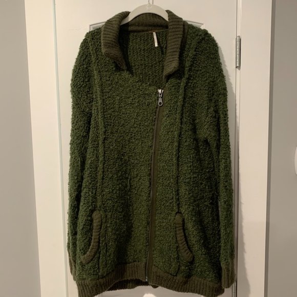 Free People Jackets & Blazers - NEW Free People Wool Blend Ivory Crochet Asymmetrical Zip Sweatshirt Oversized